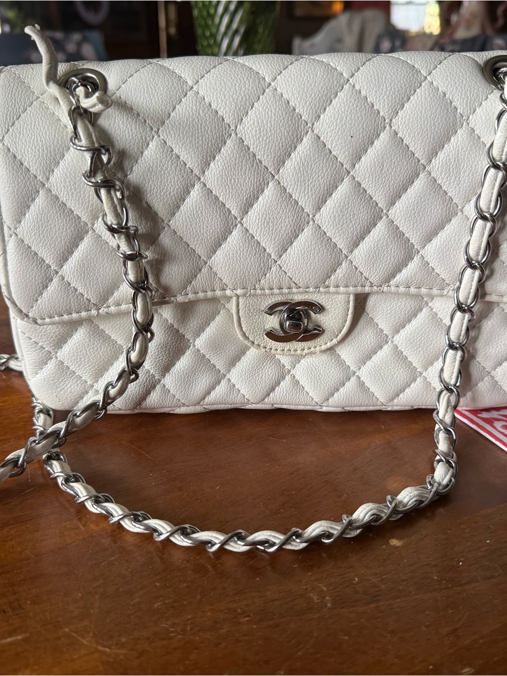 White Quilted Faux Leather Shoulder Bag with Silver Chain